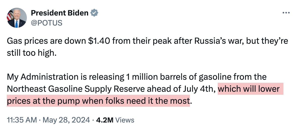 Biden Tweet Gasoline Storage Release